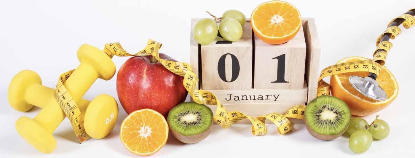 Cube calendar, weights, tape measure, fruits, new year’s resolutions