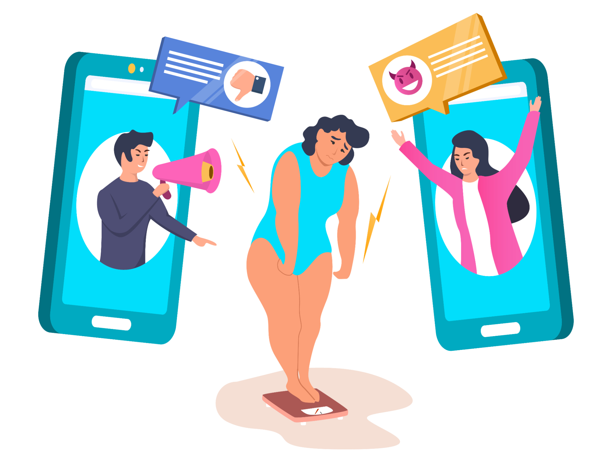 Female experiencing body shaming on social media, flat vector illustration. Online body shaming, cyber bullying, social network harassment, mockery.